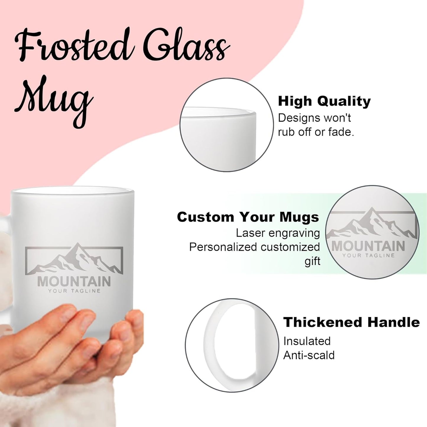Personalized Coffee Mug Engraved with your Custom Text - Customized 11oz Frosted Glass Mugs, Hot Chocolate Mug, Tea Cup, Birthday Gifts, Retirement Gift (Engraved Custom Logo, Frosted)