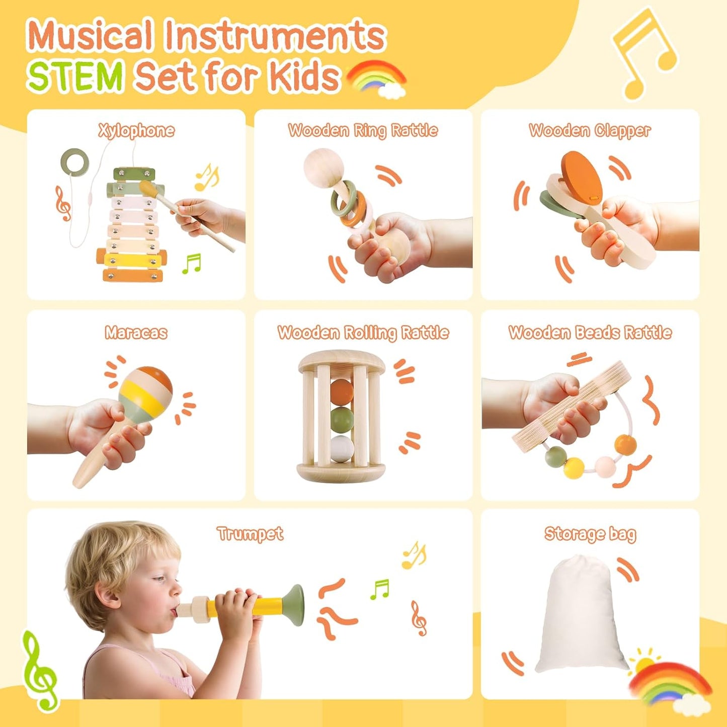 7pcs Musical Instruments Set - 18M+ Montessori Toys 2 3 4 Neutral Colors Wooden Toys for Toddlers 3-5 Percussion Instruments Modern Boho Xylophone Sensory Gifts Boys Girls
