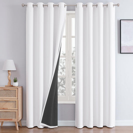 ChrisDowa White 100% Blackout Curtains 102 inch Long for Bedroom with Black Liner, 2 Thick Layers Total Blackout Thermal Insulated Grommet Window Curtains 2 Panels Set (Pure White, 52 x 102 Inch)