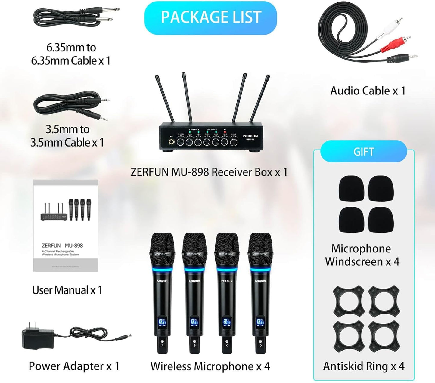Pro Rechargeable Wireless Microphone System 4 Channel, UHF Metal Handheld Wireless Microphones Cordless Mics with Echo Bluetooth VOL Channel Control for Karaoke Singing Church(MU-898)