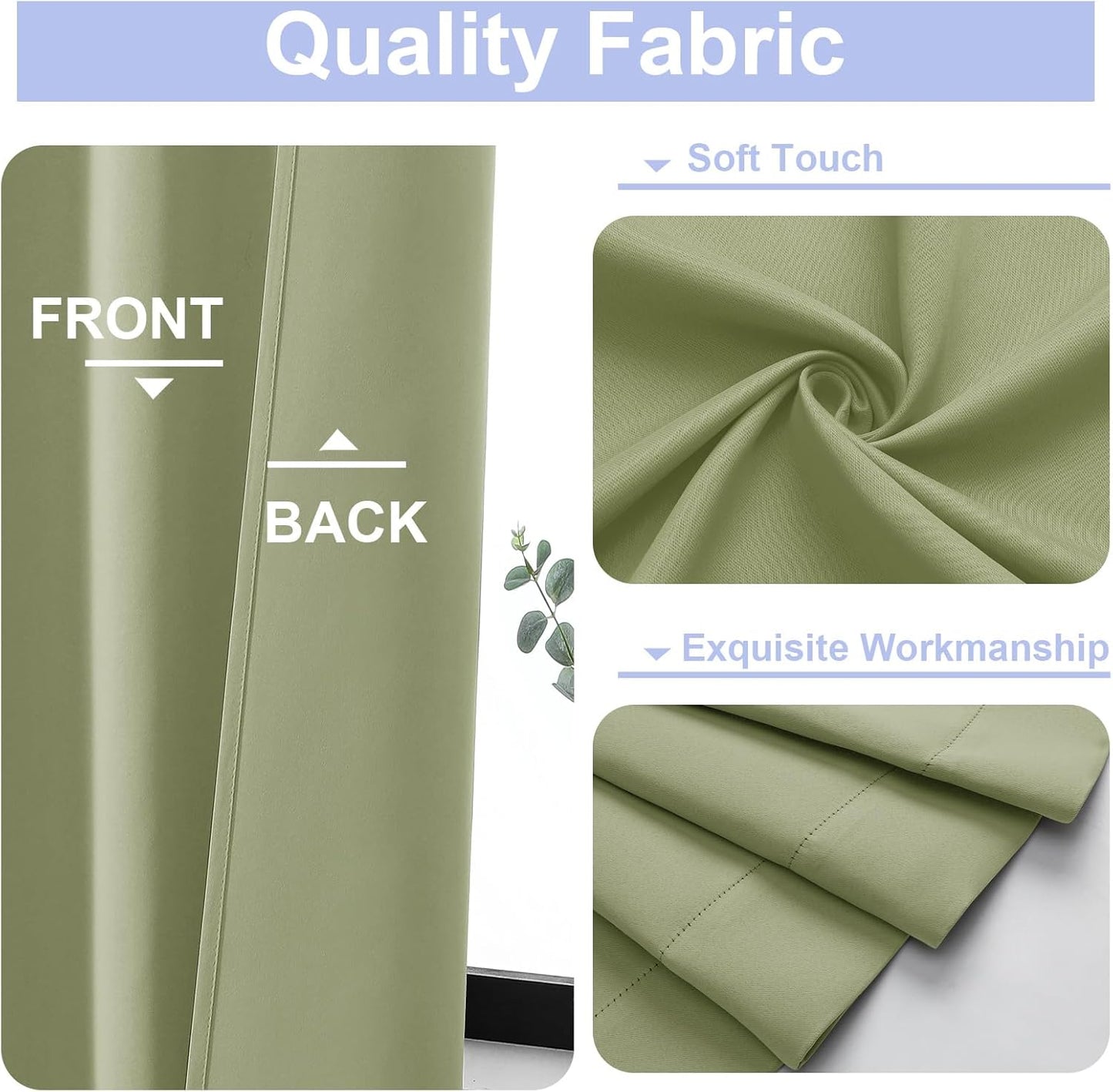 Simplebrand Ava Sage Green Blackout Curtains for Bedroom 96 Inches Long 2 Panels, Solid Thermal Insulated, Energy Saving Living Room Window Treatment Curtains Blackout Drapes, W50 x L96 Inch, Sage