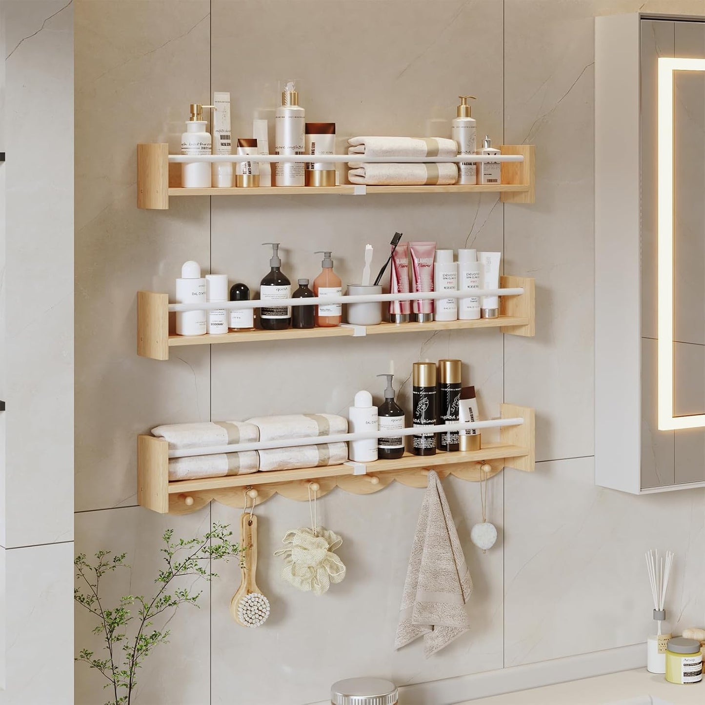 Nursery Bookshelves Wall Mounted，34inch，Set of 3, Floating Shelf Kids Coat Rack with 6Hooks,Hanging Shelf for Baby Nursery Room Décor, Patent Number: 29924445,Burlywood