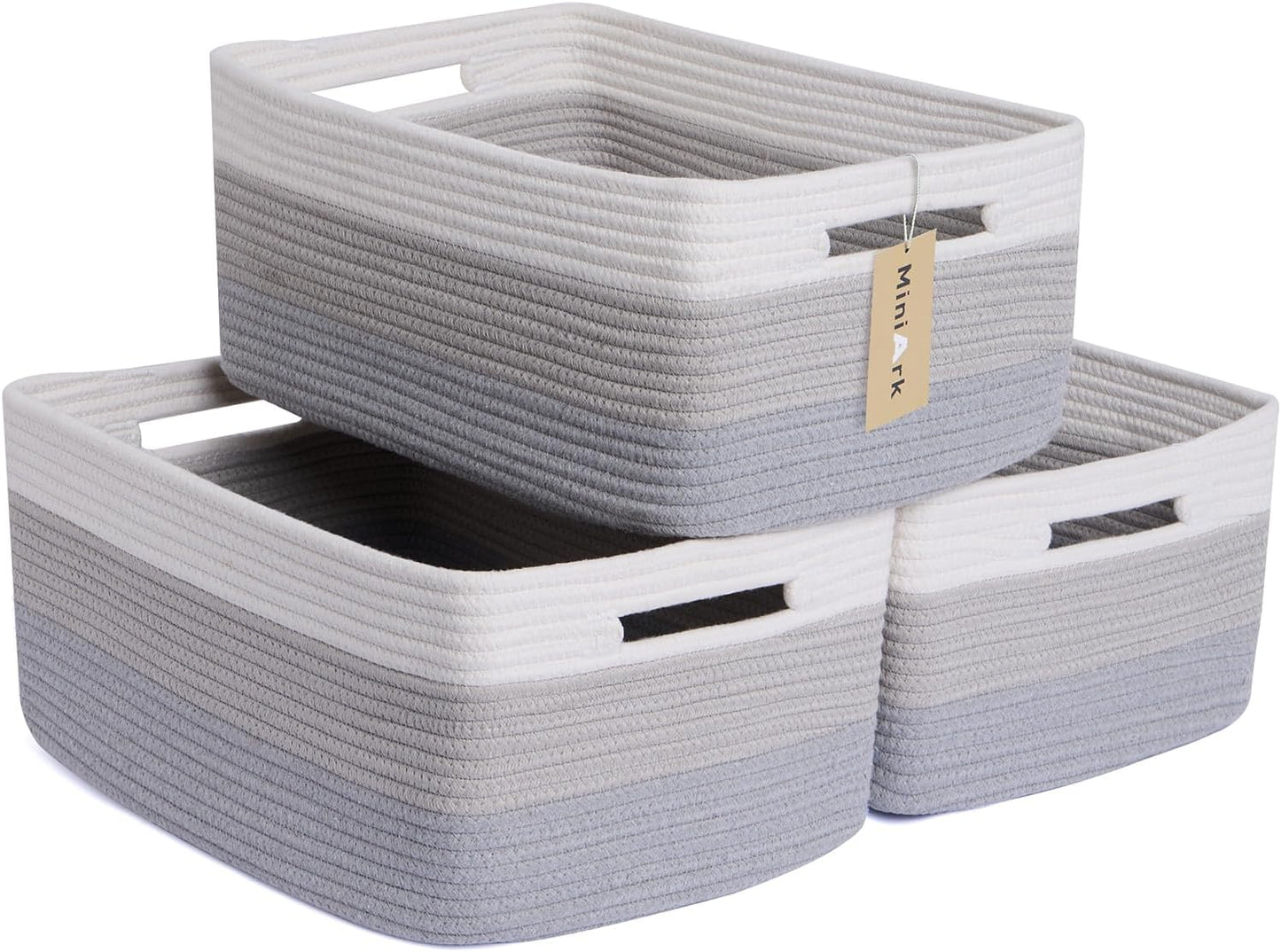 Large Storage Baskets for Shelves, Closet Organizers Bins for Clothes Blanket Towels, Baby Nursery, Toy Baskets Box, Woven Rope Baskets, 17 x 13 x 7.5”, 3 Packs Gradient Grey