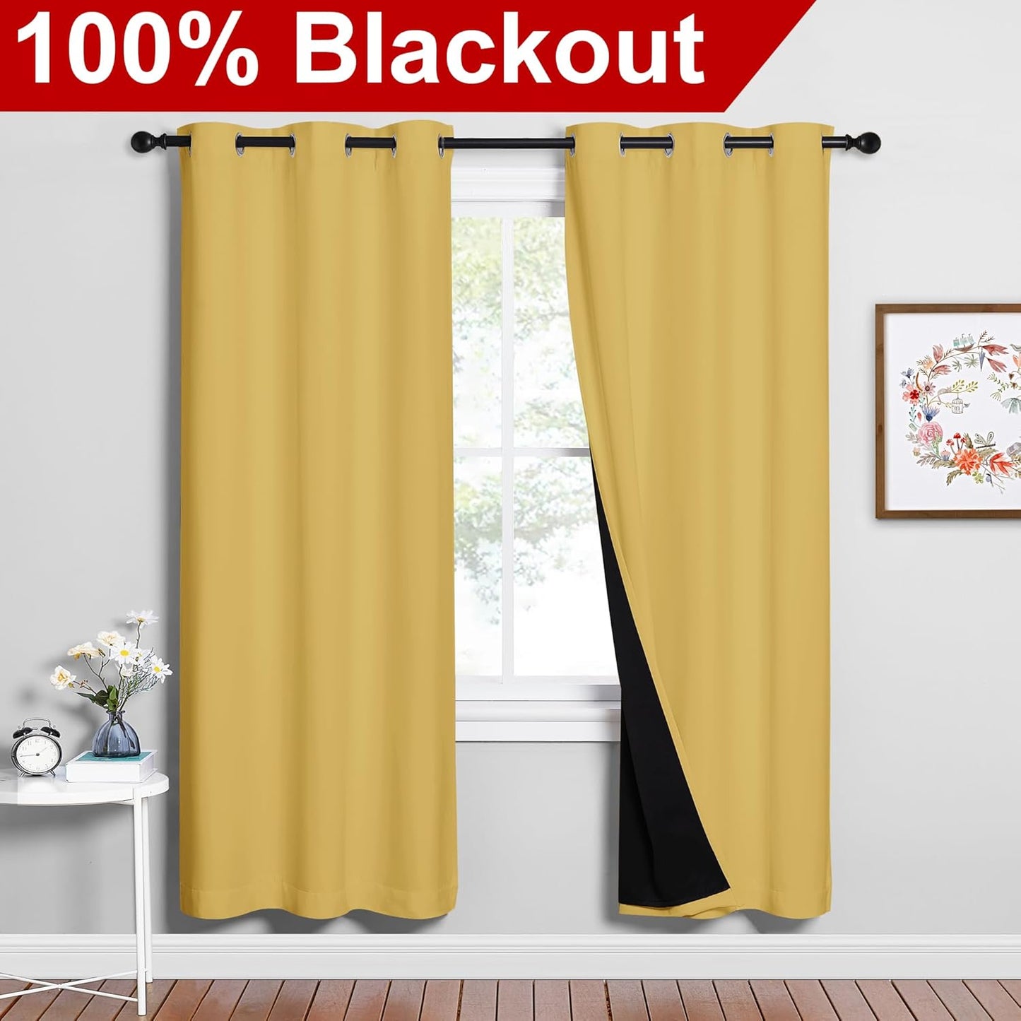 NICETOWN Bright Yellow Full Shade Curtain Panels, Pair of Energy Smart & Noise Blocking Out Blackout Drapes for Dining Room Window, Thermal Insulated Guest Room Lined Window Dressing(42 x 72 inch)