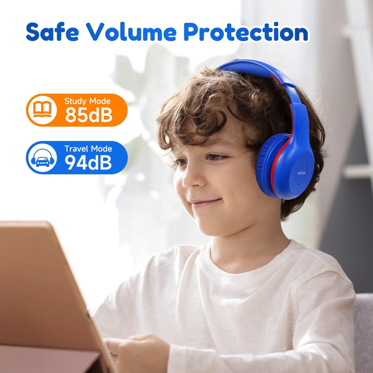 EarFun K2 Kids Bluetooth Headphones, Kids Headphones with Volume Limited, 40H Playtime, Built-in Mic, Stereo Sound, Foldable Over-Ear Headphone for School/Travel/iPad/Tablet, Blue