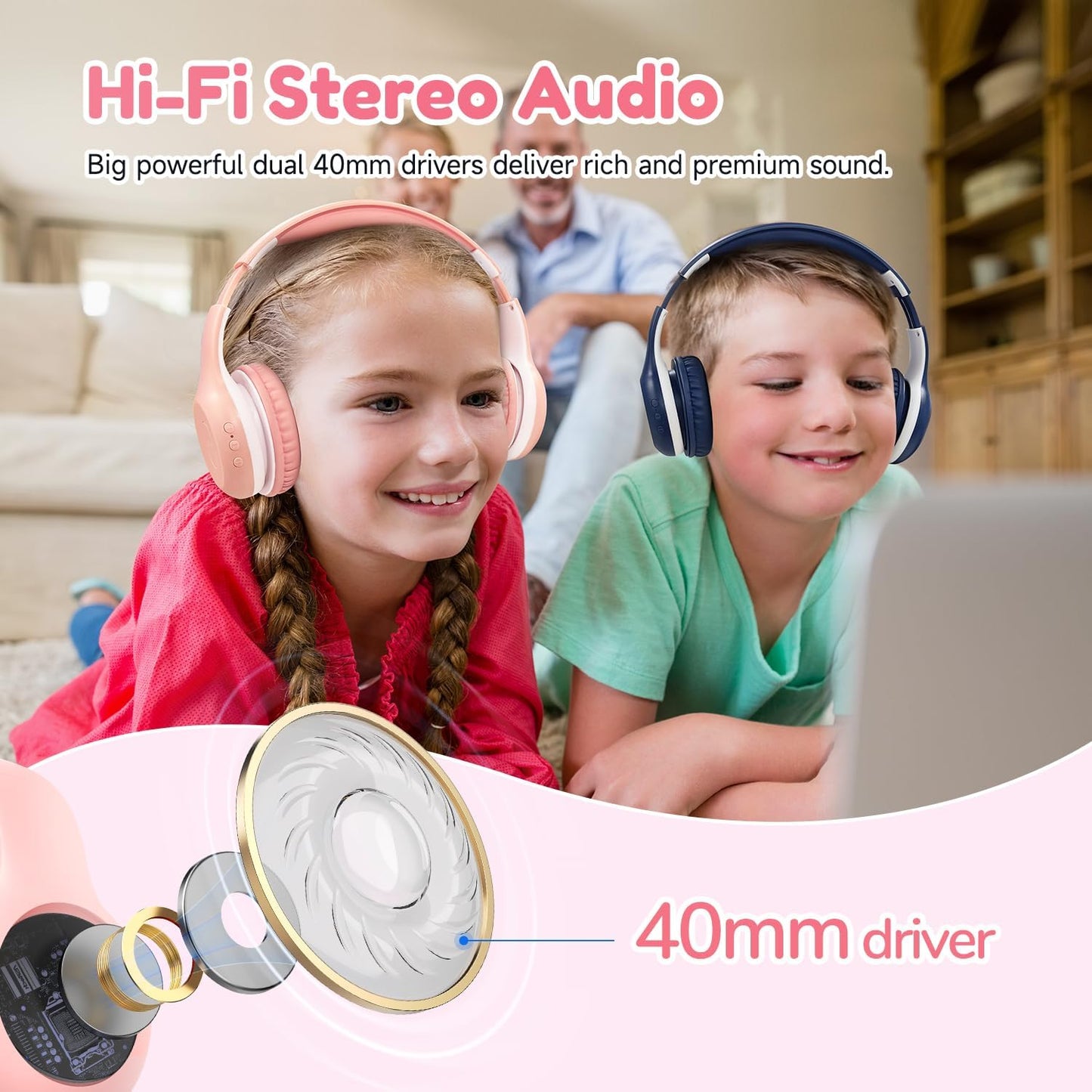 EarFun 2Packs Kids Bluetooth Headphones, K2 Kid Headphone with Volume Limited, 40H Playtime, Built-in Mic, Stereo Sound, Foldable Over-Ear Headphones for Kids/School/Travel