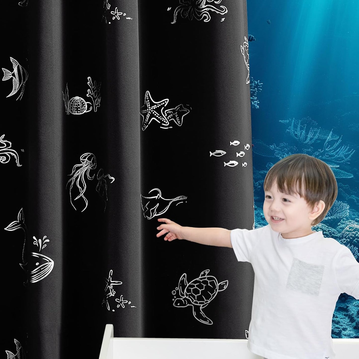 Vangao Kids Curtains for Boys Bedroom Kids Blackout Curtains 84 Inch Length Ocean Aquarium Nursery Drapes for Girls Bedroom Silver Sea Animals Print Thermal Insulated Drapes, Black 2 Panels