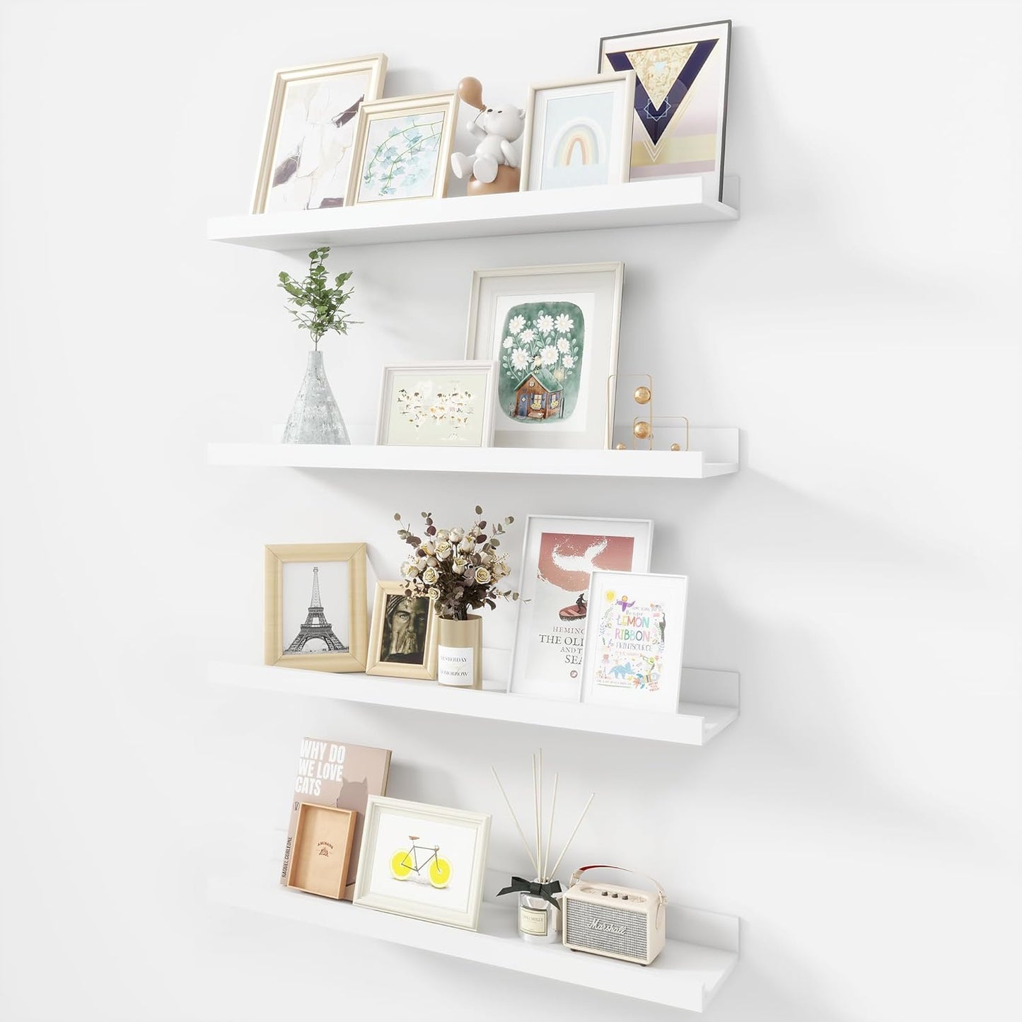 Picture Ledge Shelf, Wood Floating Shelves Set of 4, 24 inch Picture Ledge Shelves, Photo Ledge Nursery Book Shelves Wall Mounted for Living Room Kids' Room Bedroom, Color White