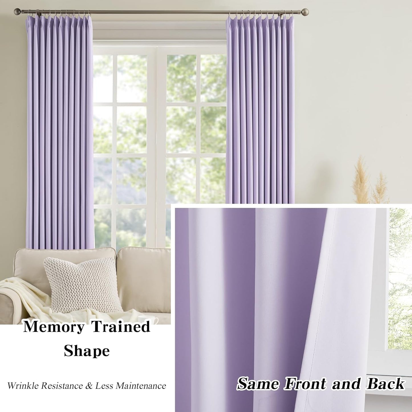 Pinch Pleated Lavender Blackout Curtains Short 2 Panels Set 45 Inch Length for Small Windows, Sound & Light Reducing Room Darkening Drape for Bathroom Bedroom(Lavender, 2 Pieces, W40 x L45)