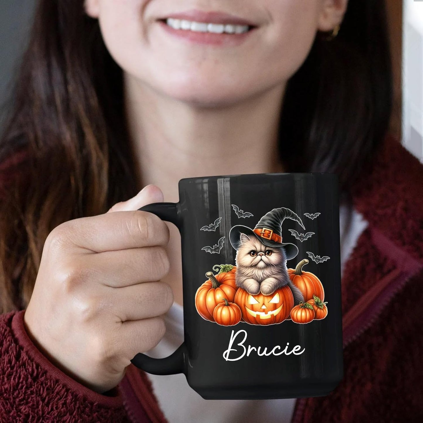 Personalized Persian Wearing Witch Hat Black Cup with Name, Customized Halloween Persian Coffee Mugs, Spooky Cat and Pumpkins Ceramic Cup 11oz 15oz, Halloween Mug Gift for Cat Lover Pet Owner