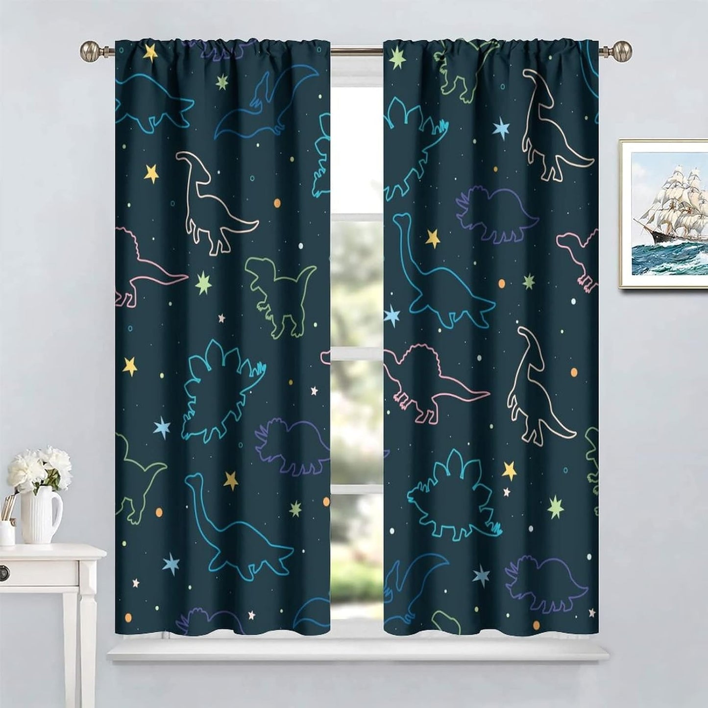 Cartoon Colorful Dinosaur Curtains for Kids Boys Girls Home Decor, Astronaut Funny Outer Space Star Blackout Rod Pocket Window Drapes for Bedroom Living Room W36xL63in 2 Panels