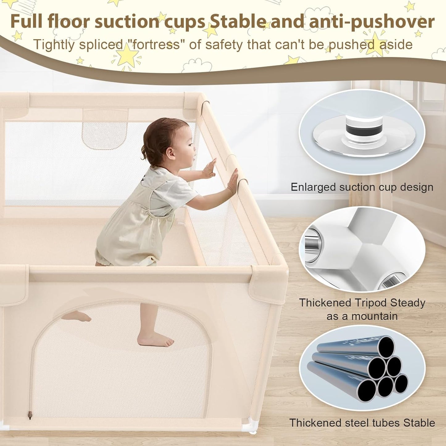 Playpen for Babies and Toddlers 50x50 inch - Baby Gate Playyard with Soft Breathable Mesh Cover - Indoor and Outdoor Baby Play Pen - Portable Playpen for Babies (Apricot)