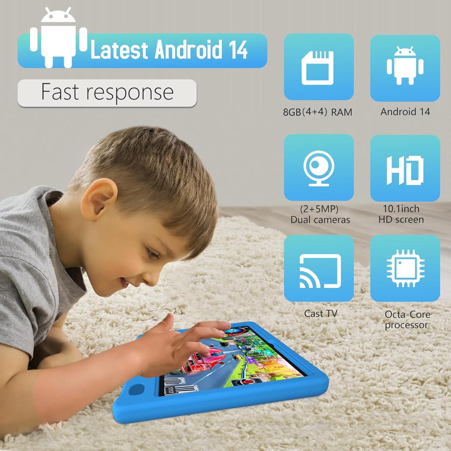 Tablet for Kids 10.1 inch Android 14, 8GB+64GB(TF 1TB) 6000mAh Kids Tablet WiFi6 Parental Control,Face Unlock, 1280 * 800 HD Screen (Layard Blue)