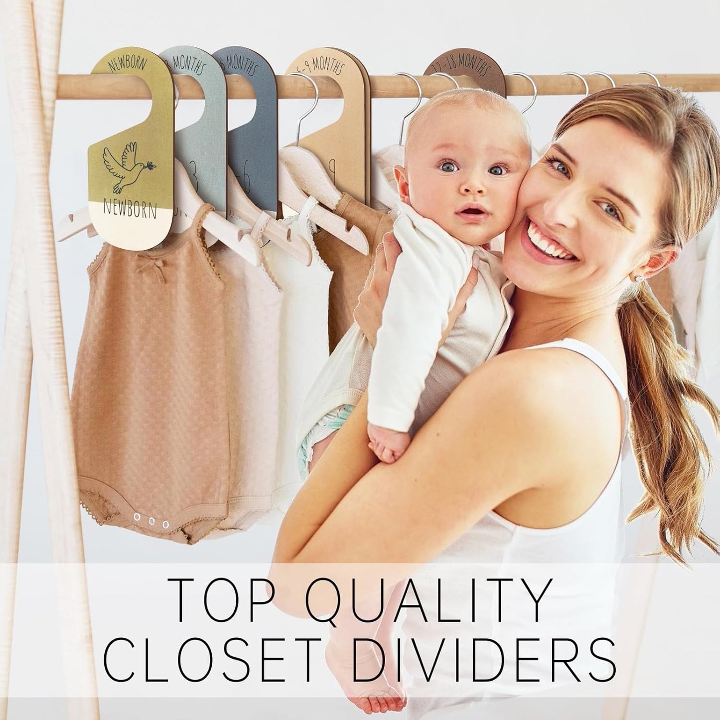 Baby Closet Dividers for Clothes Organizer - Set of 8 Wooden Double-Sided Baby Clothes Size Dividers form Newborn to Toddler for Daily Gender-Neutral Baby Nursery Decor