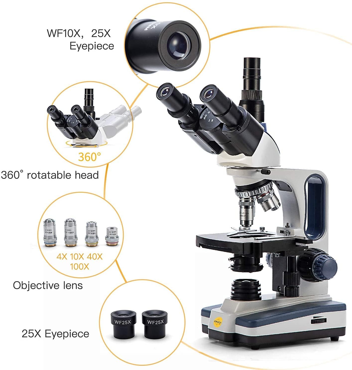 Swift SW350T Compound Trinocular Microscope,40X-2500X Magnification,Two-Layer Mechanical Stage,with 5.0 mp Camera and Software Windows/Mac Compatible and 5 PCS Prepared Slides and 5 PCS Blank Slides