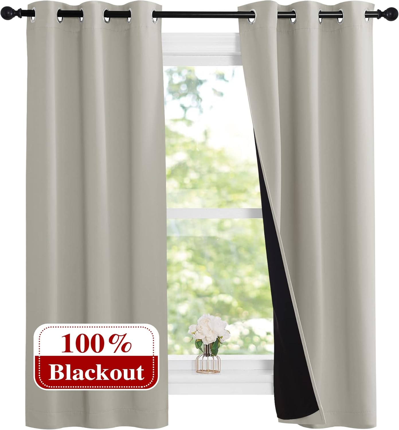 NICETOWN Natural 100% Blackout Lined Curtains, 2 Thick Layers Narrow Wide Window Treatment Panels Thermal Insulated Drapes for Kitchen Small Window (1 Pair, 37" Width x 63" Length Each Panel)