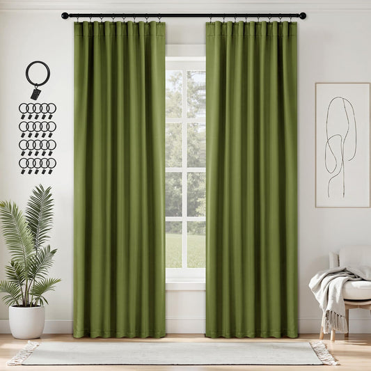 ANRODUO Back Tab Blackout Curtains for Bedroom Living Room, Rod Pocket Pinch Pleated Thermal Insulated Room Darkening Curtains 90 Inches Long 2 Panels, Olive Green, 42 x 90 Inch