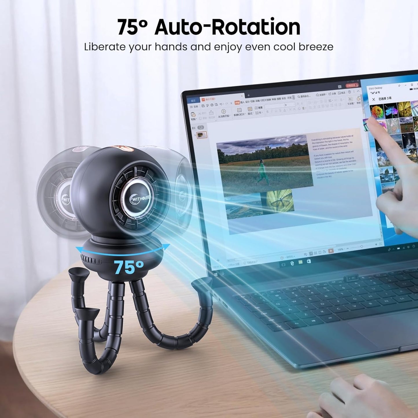 Stroller Fan, Battery Operated Baby Stroller Fans, 8000mAh Rechargeable Fans, 75° Auto Oscillation Portable Fan, 5-12H Runtime, 4 Speeds Wind, Detachable Base & LED Display