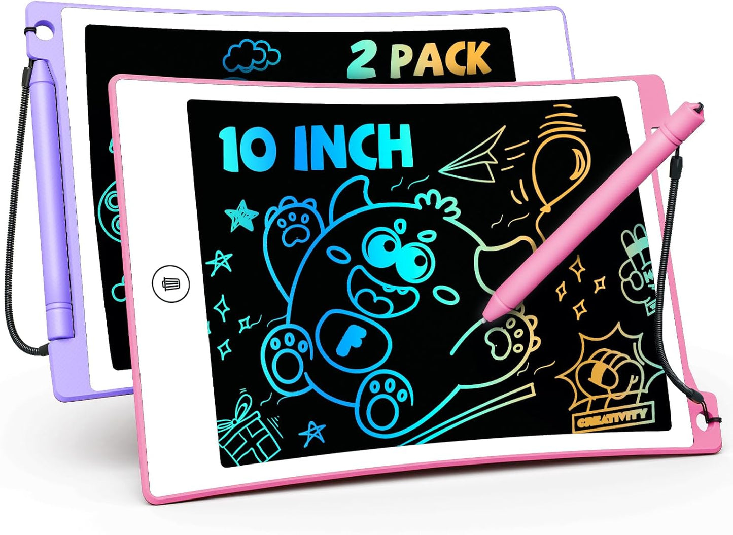 TEKFUN 10in 2 Pack LCD Writing Tablet Coloring Doodle Board Drawing Sketch Pad for Kids with Anti-Lost Stylus, Car Trip Educational Kids Toys Birthday for 3 4 5 6 7 Girls Toddlers