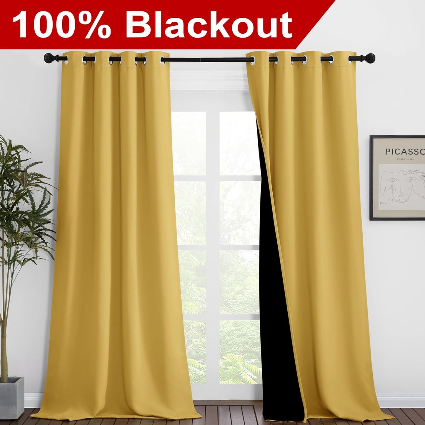NICETOWN 100% Blackout Blinds, Set of 2, 46 inches x 102 inches, Laundry Room Decor Window Treatment Curtains for Large Patio Sliding Door, Thermal Insulated Bright Yellow Curtains for Bedroom