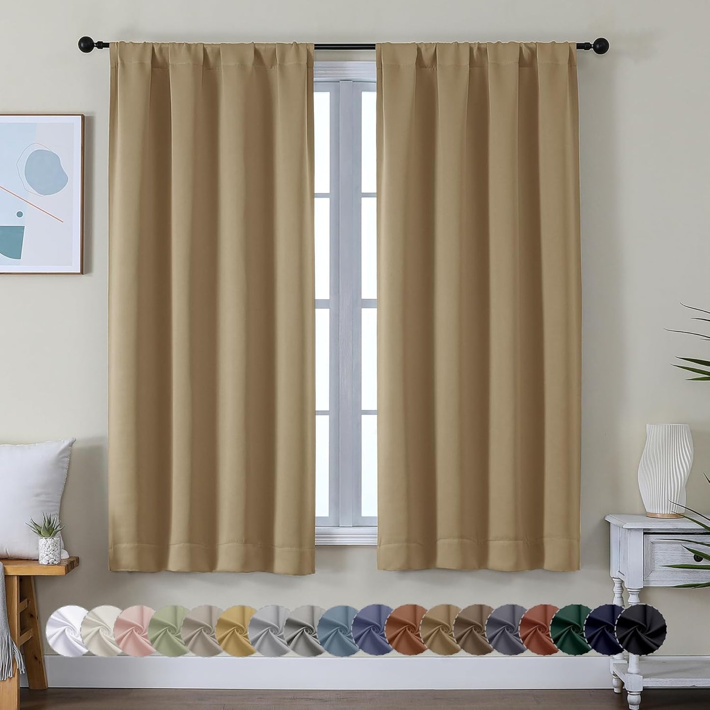 Simplebrand Ava Taupe Blackout Curtains for Bedroom 63 Inch Length 2 Panels Set, Solid Thermal Insulated Energy Saving Rod Pocket Window Treatment Curtains Blackout Drapes, W40 x L63 Inch, Taupe