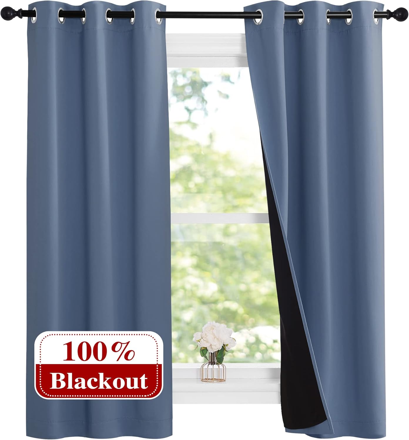 NICETOWN Stone Blue 100% Blackout Small Curtains 63 inches Long, Thermal Insulated Full Blackout 2-Layer Lined Drapes, Energy Efficiency Window Draperies for Boy's Room (2 Panels, 37-inch W)