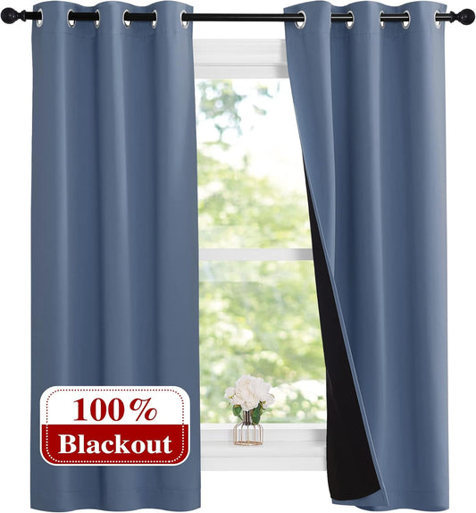 NICETOWN Stone Blue 100% Blackout Small Curtains 63 inches Long, Thermal Insulated Full Blackout 2-Layer Lined Drapes, Energy Efficiency Window Draperies for Boy's Room (2 Panels, 37-inch W)