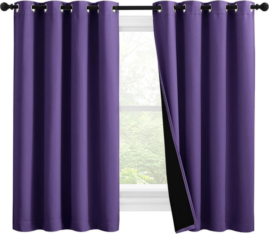 NICETOWN 100% Blackout Curtains with Black Liners, Thermal Insulated Full Blackout 2-Layer Lined Drapes, Noise Cancellation Window Draperies for Dining Room (Lilac Purple, 2 Panels, 55" W by 57" L)
