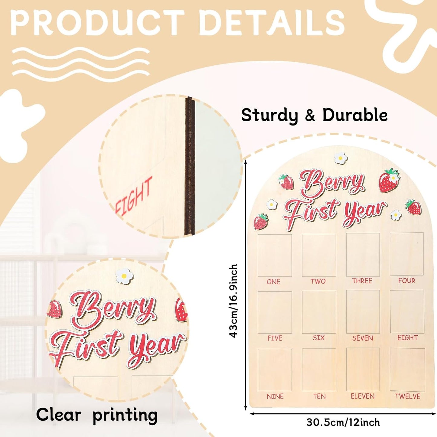 Berry First Year Photo Board Strawberry Birthday Party Wooden Board Decorations 12 Monthly Milestone Picture Frame One Year Old Wood Sign 1st Birthday Photo Banner for Baby Girls Keepsake Gift Supply