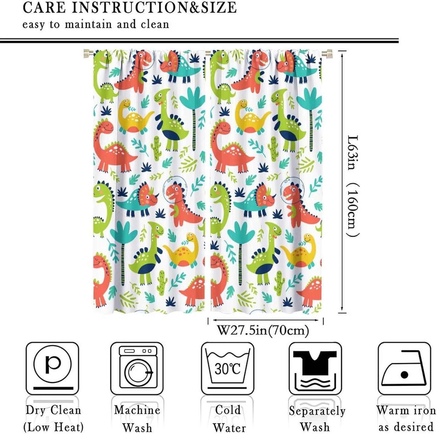 Rustic Dinosaurs Curtains Colorful Dino Kids Boys Cartoon Cute Cool Funny Decor Printed Blackout Rod Pocket Window Drapes for Living Room Bedroom W27.5xL63in 2 Panels