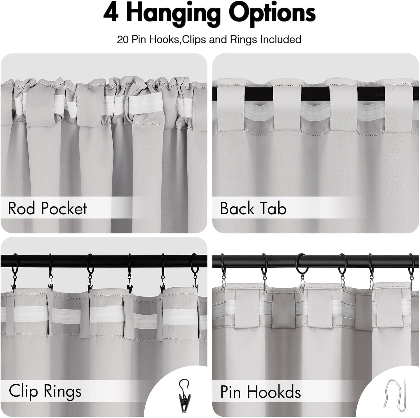 ANRODUO Back Tab Blackout Curtains for Bedroom Living Room, Rod Pocket Pinch Pleated Thermal Insulated Room Darkening Curtains 63 Inches Long 2 Panels, Greyish White, 42 x 63 Inch