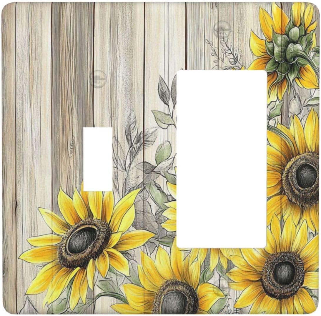 Outlet Covers Floral Sunflower Rustic Flower Vintage Wood 1 Toggle 1 Rocker Combination Decorative Wall Plate Electrical Switch Plates Light Switch Cover Plate For Farmhouse Cabin Decor