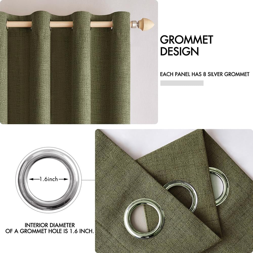 MIULEE Linen Texture Curtains for Bedroom Solid 100% Blackout Thermal Insulated Light Olive Green Curtains Grommet Room Darkening Drapes for Living Room Nursery 52x84 Inch (2 Panels)