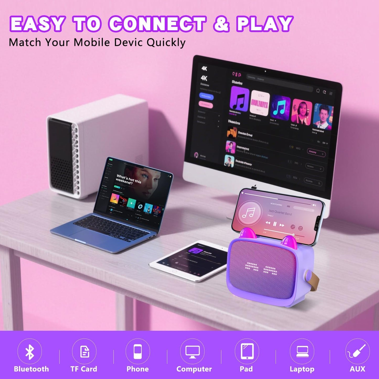 Mgaolo Upgraded Mini Karaoke Machine Toy for Kids, Portable Bluetooth Speaker with 2 Wireless Mics, Emoji & Colorful LED Lights, Home Travel & Party Play Gifts for Boys Girls (Purple)