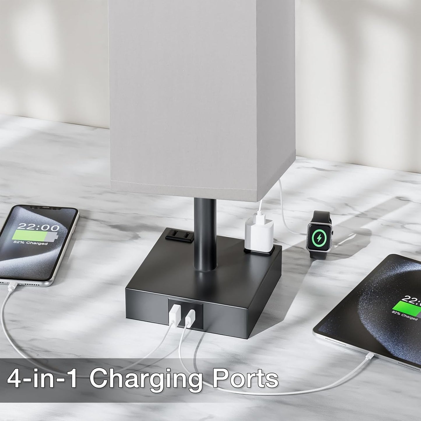 Touch Bedside Table Lamp For Nightstand - 3-Way Dimmable Night Lamp with USB A + Type C Charging Ports and two AC Outlets, Small Desk Light with E26 LED Bulb for Bedroom Living Room Office, Grey Black