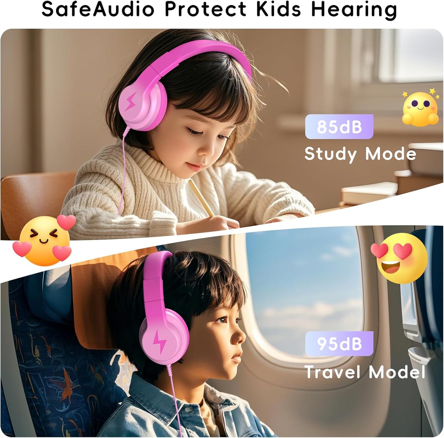Kids Headphones, Wired Headphones for Kids Over Ear with Microphone, 85/94dB Volume Limiter Headphone for Girls Boys, Foldable Headphone for Learning & Entertainment, Gradient Deep Pink
