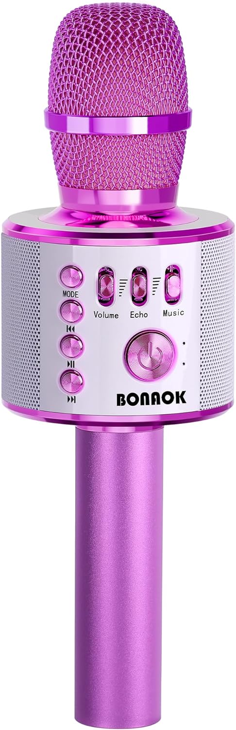 BONAOK Wireless Bluetooth Karaoke Microphone, Portable Toy Microphone for Singing, Gifts to Girls Boys Kids Adults All Age Q37（Bright Purple）