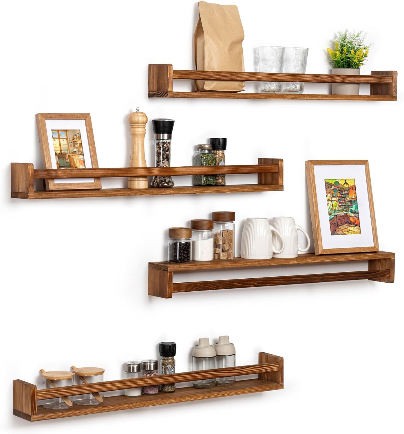 Fun Memories Nursery Book Shelves - Rustic Natural Solid Wood Floating Bookshelf for Kids - Wall Book Shelves for Kids Room (Carbonized, 32inch - 4P)