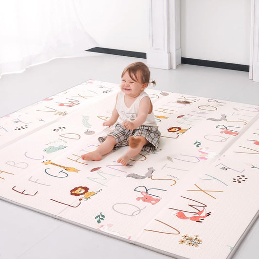 Baby Play Mat 59x71 Inch, 2 in 1 Fabric & XPE Dual-Sided Design Foldable Play Mats for Babies and Toddlers, Waterproof & Anti-Slip Baby Mat for Floor, Portable Baby Foam Crawling Mat with Travel Bag