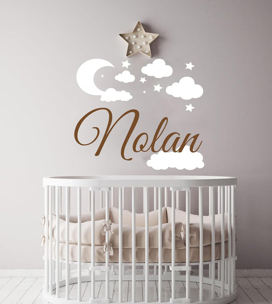Custom Name with Moon Clouds and Stars - Nursery Baby Name Wall Art - Wall Decal for Nursery Bedroom playroom Decoration (Wide 20x20inch Height)