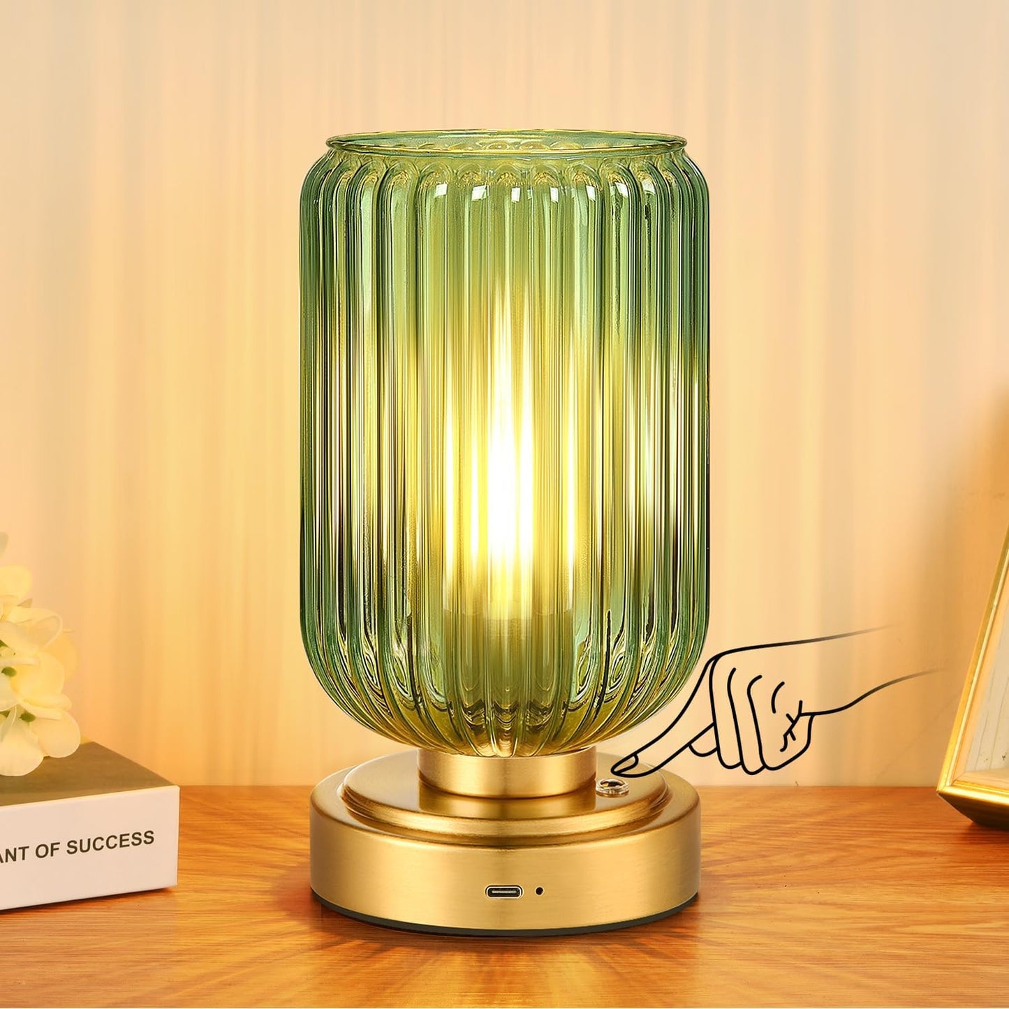 Small Table Lamp for Bedroom, Dimmable Cordless Lamp, Rechargeable Battery Operated Lamp with Green Glass Shade Touch Lamps for Night Stands, Living Room, Desk, Bulb Included