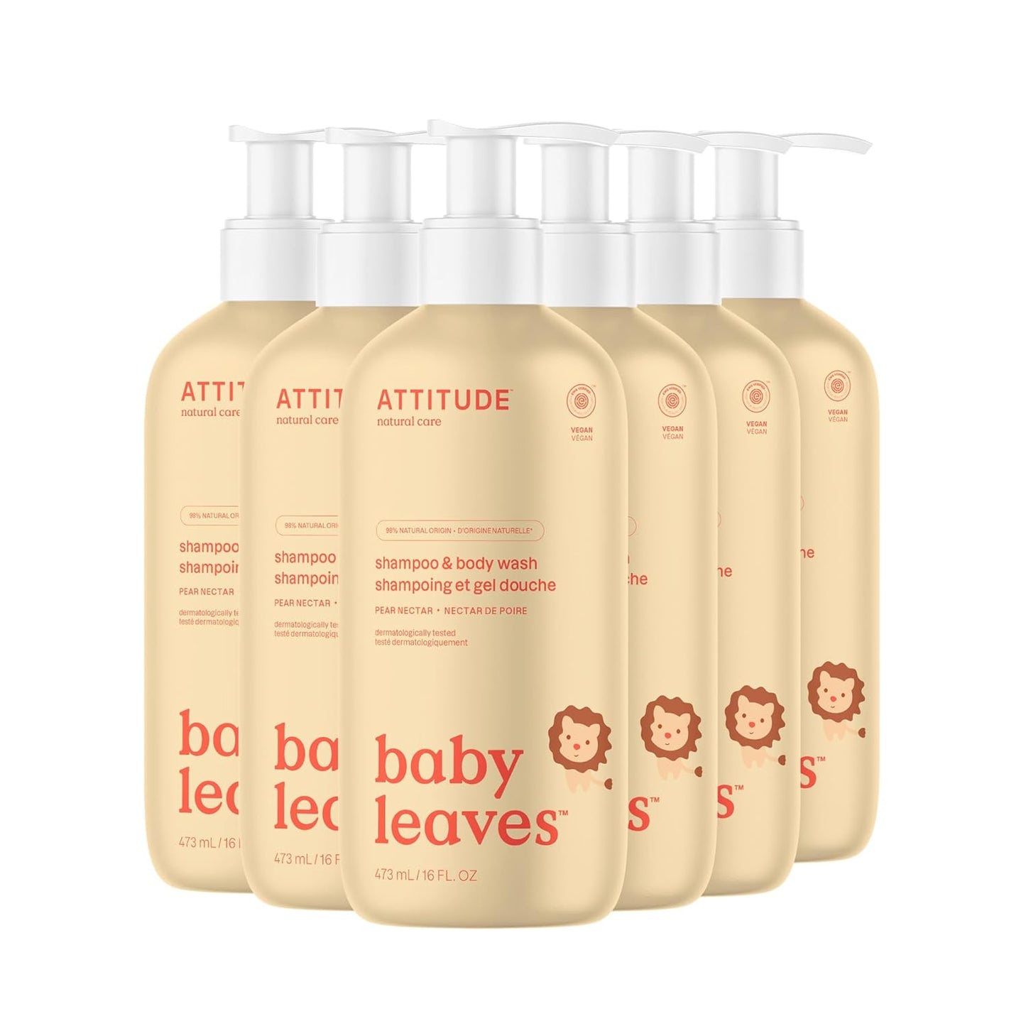 ATTITUDE 2-in-1 Shampoo and Body Wash for Baby, EWG Verified, Dermatologically Tested, Made with Naturally Derived Ingredients, Vegan, Pear Nectar, 16 Fl Oz (Pack of 6)