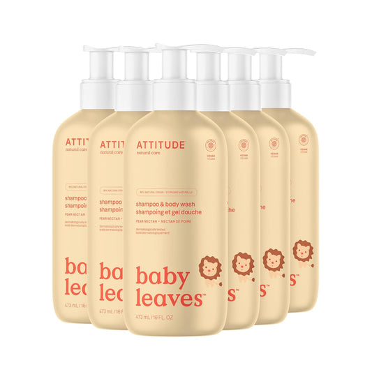 ATTITUDE 2-in-1 Shampoo and Body Wash for Baby, EWG Verified, Dermatologically Tested, Made with Naturally Derived Ingredients, Vegan, Pear Nectar, 16 Fl Oz (Pack of 6)