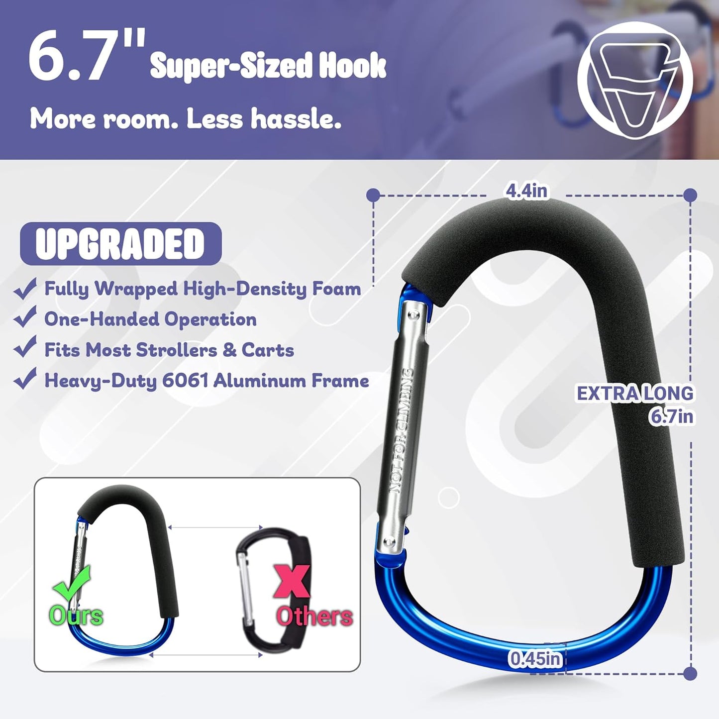 sprookber 6.7 Inch Large Stroller Hooks for Diaper Bags & Purses, Heavy Duty Mommy Hooks for Shopping, Grocery, Backpack – Baby Stroller Accessories, Set of 2 (Bule)