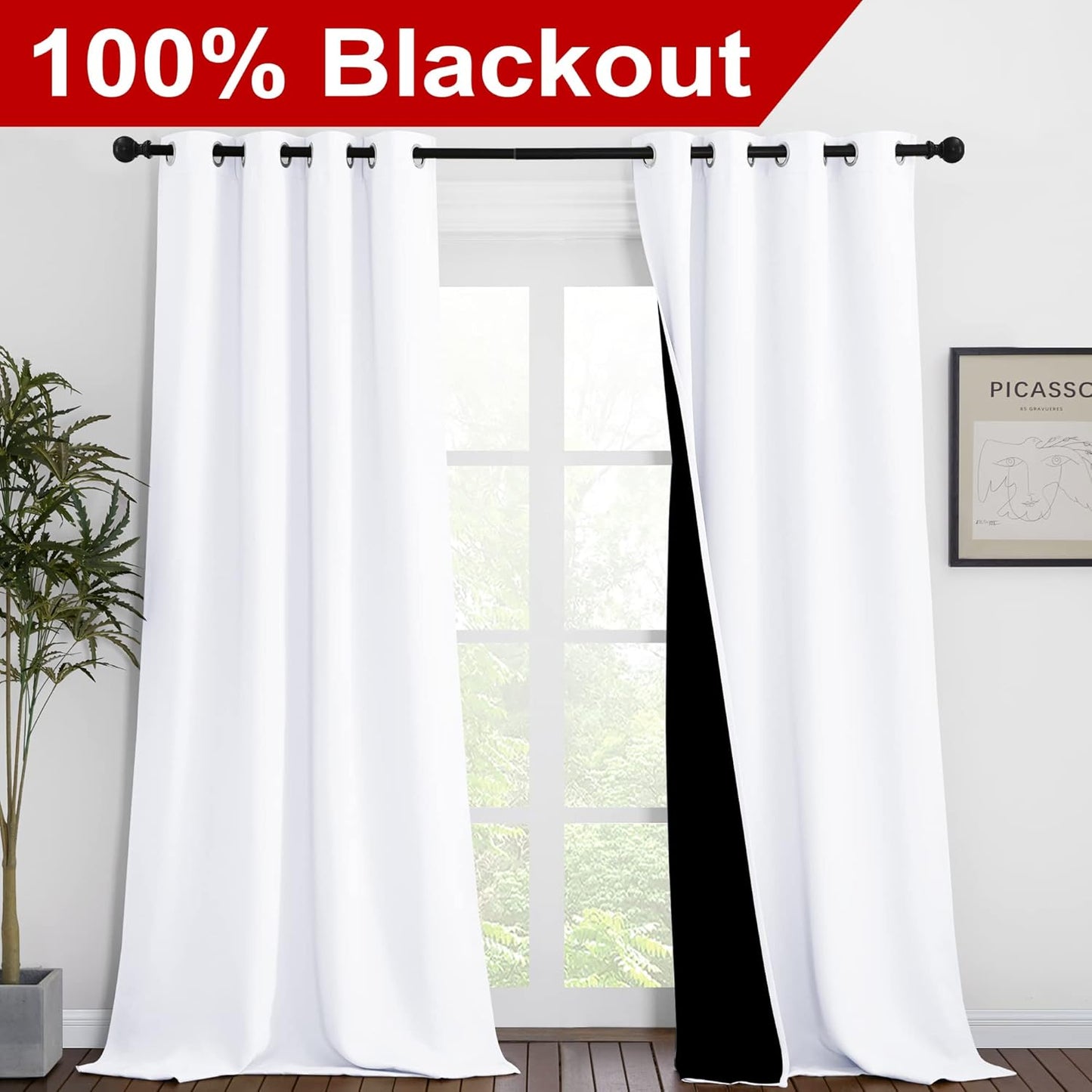 NICETOWN White 100% Blackout Curtains for Windows, Pack of 2, 46" W x 96" L, Super Heavy-Duty Black Lined Total Darkness Drapes for Bedroom, Privacy Assured Window Treatment for Patio