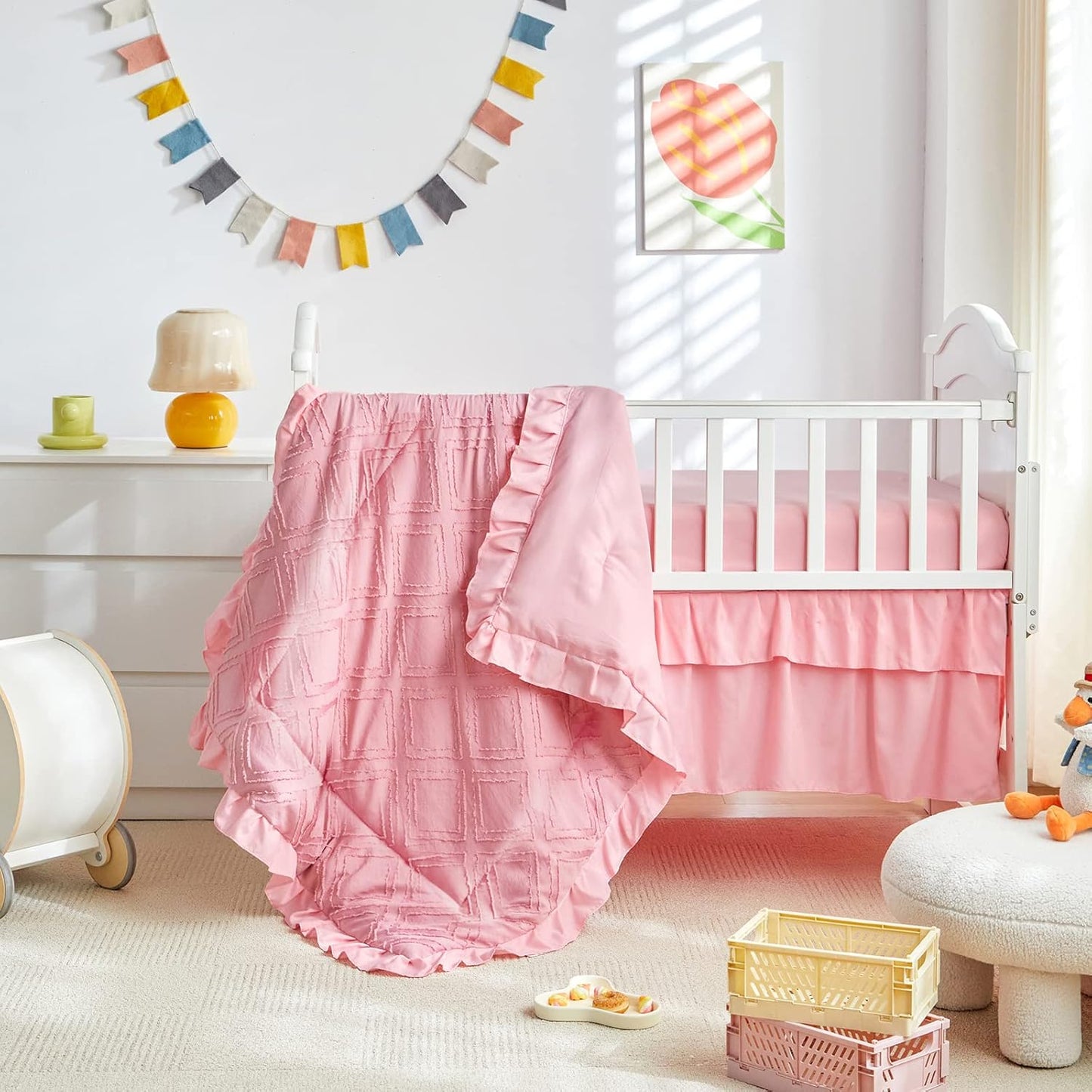 Tufted Ruffle Crib Bedding Set 3 Pieces Baby Boho Quilted Comforter with Fitted Sheet and Bed Skirt - Cute Ruffled Shabby Chic Baby Bedding Soft Blanket Design Pink