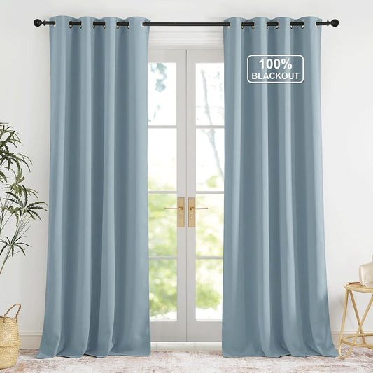 NICETOWN Plylux Blackout Curtains for Sliding Door - 52 by 95 inches Long, 2 Pieces, Blocking Sunlight Window Treatment Modern Thermal Insulated Grommet Curtain Panels for Dining Room, Greyish Blue
