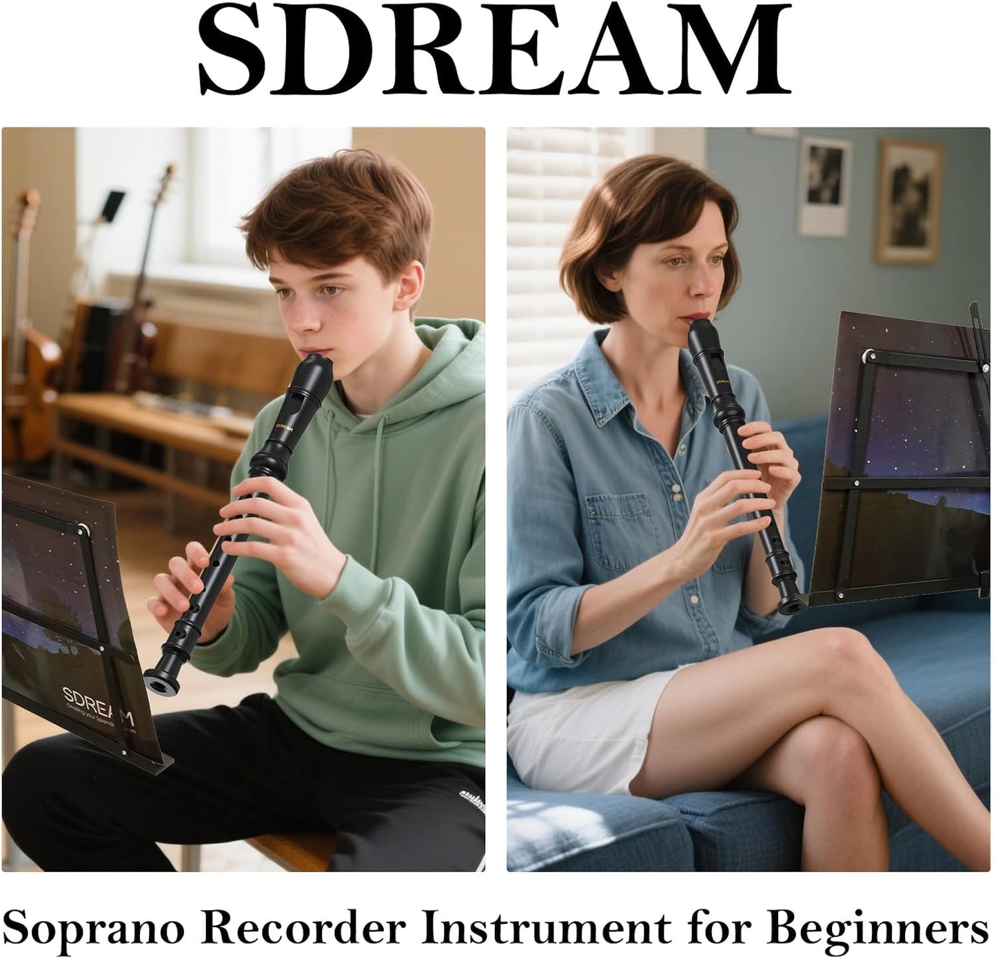 SDREAM Soprano Recorder Instrument for Kids Beginners&Student,8 Hole German Fingering Recorder Flute with Cleaning Rod & Leather Bag (Black)