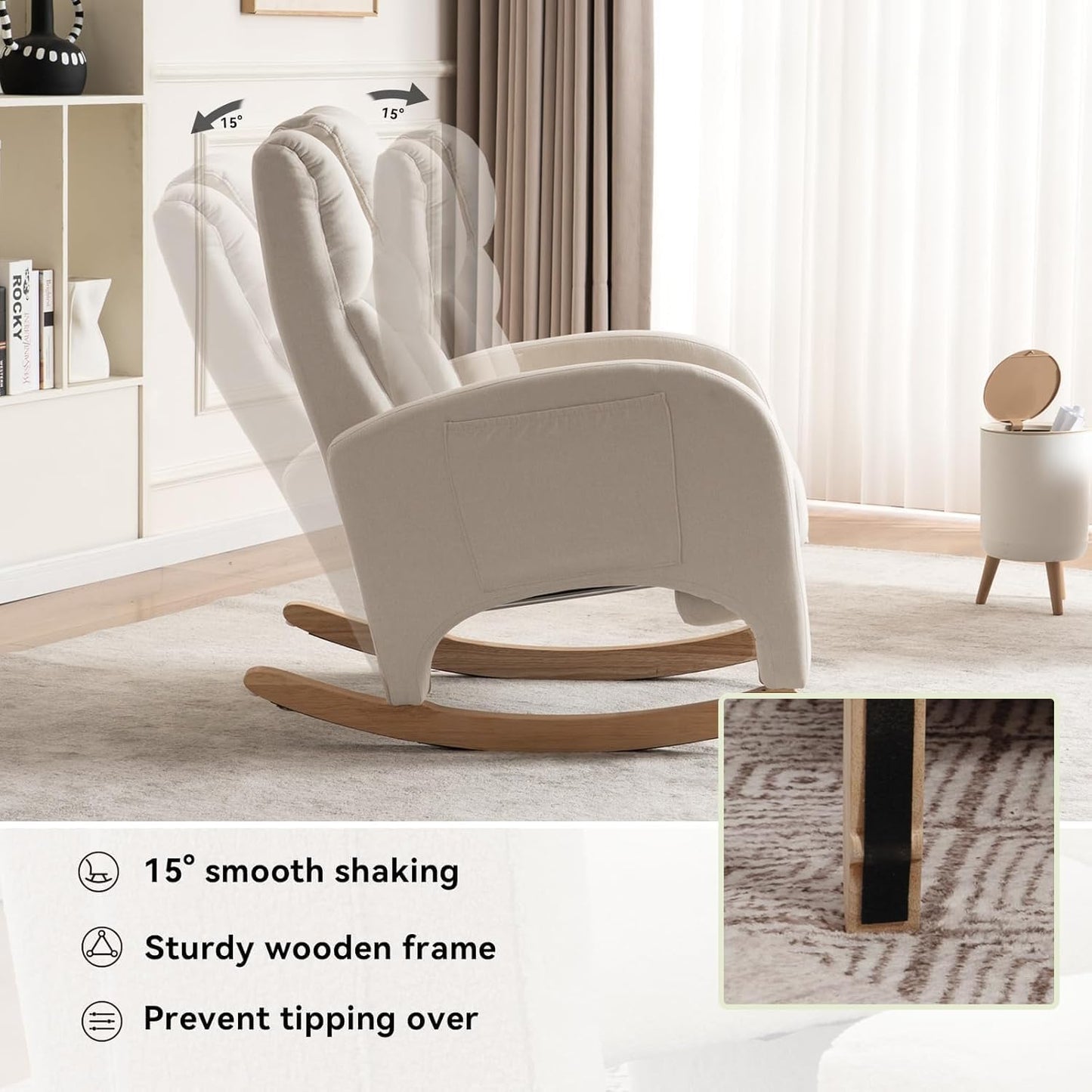 Rocking Chair Nursery,Modern Glider Chair with Adjustable Footrest and Solid Wood Legs,High Backrest Nursery Chair with Side Pocket,Rocker Armchair for Living Room Bedroom Cotton Linen, Beige