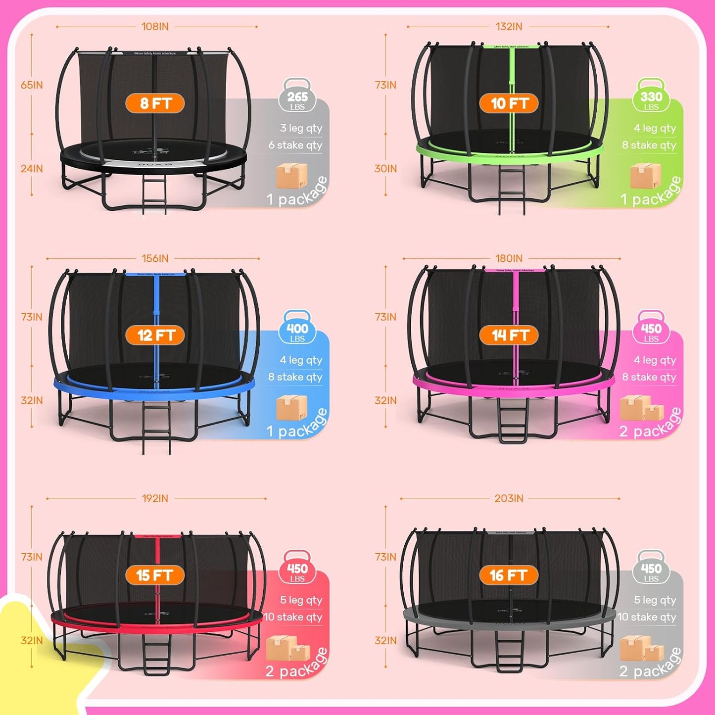 BCAN 8FT 10FT 12FT 14FT 15FT 16FT Recreational Trampoline with Enclosure for Kids Adults, ASTM Approved, Outdoor Trampolines with Ladder for Kids